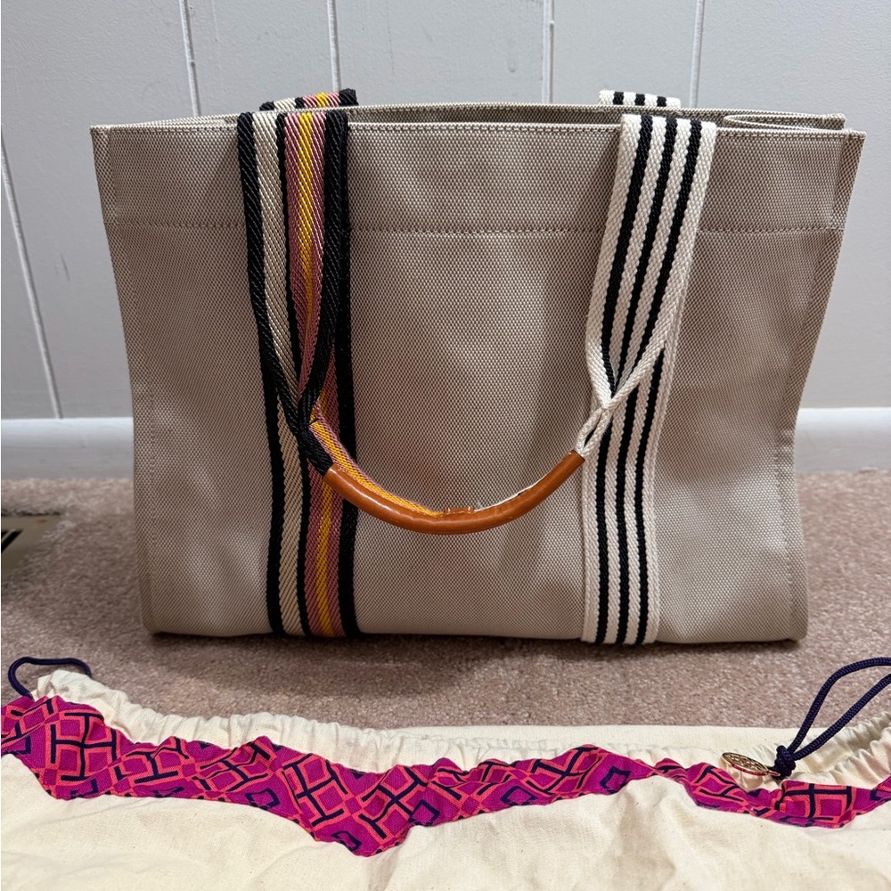 Tory Burch Beige Tote with Multicolor Striped Handles